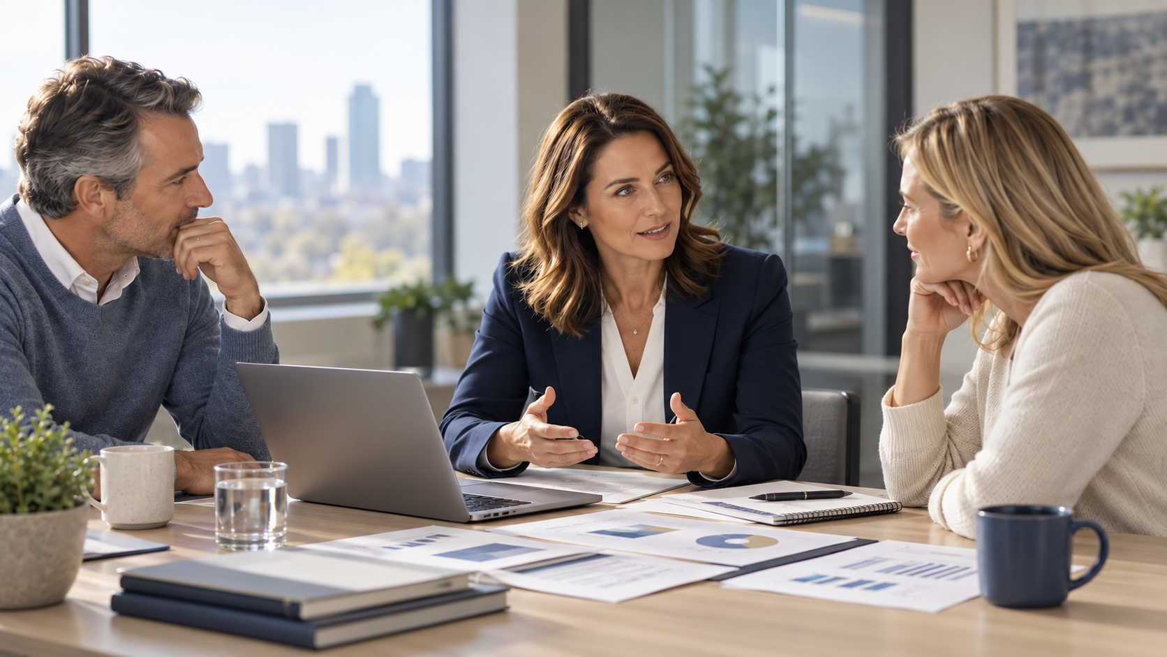 An advisor and business leaders reviewing documents around a conference table