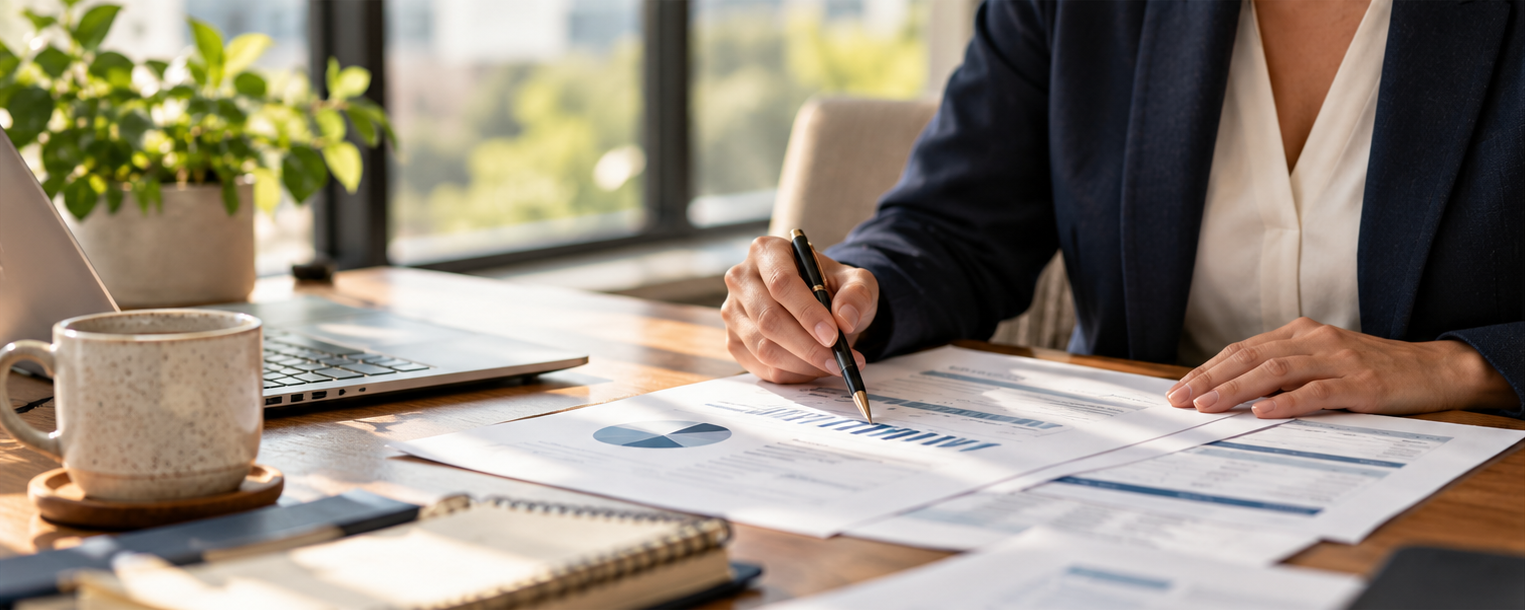 Advisor reviewing employee benefits plan at workspace
